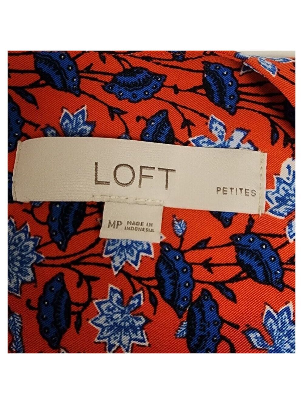 LOFT BORDER FLORAL ROUND NECK BALLOON SLEEVES LENGTH DRESS SIZE MP MULTI RED - Picture 8 of 9